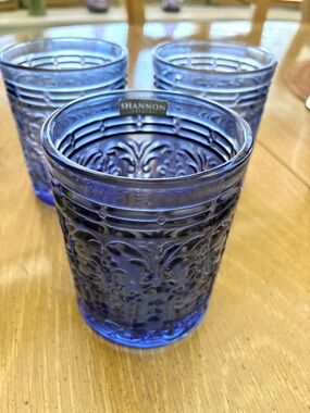 Shannon Crystal by Godinger Blue Embossed Glasses - Set of 3